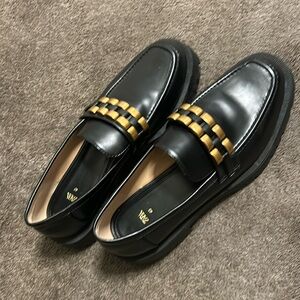 ZARA Embellished Chain Loafers With Chunky Track Soles Black/Gold Size 40